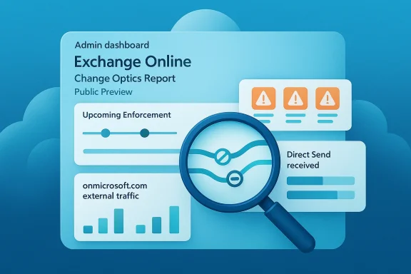 Futuristic admin dashboard with a magnifying glass highlighting “Exchange Online” and enforcement warnings.
