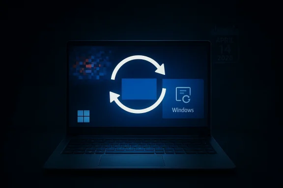 Blue laptop screen shows Windows file transfer icons with a circular sync arrow.
