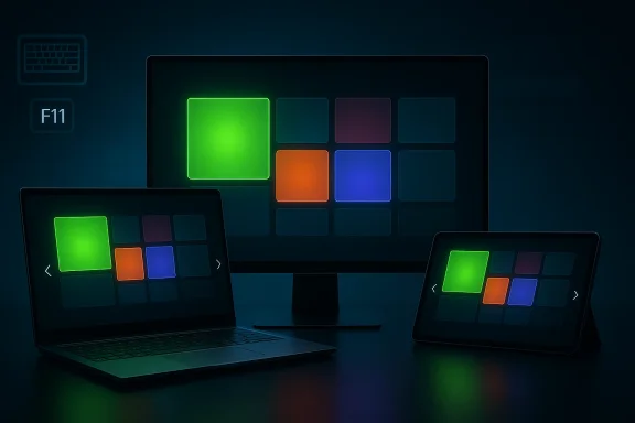 Neon color palette UI on three monitors and laptops showing glowing square swatches and side controls.