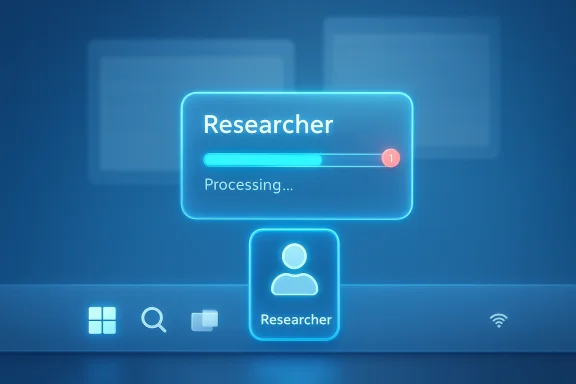Futuristic UI screen showing “Researcher” with a processing bar and researcher profile icon.