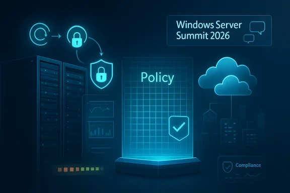 Neon-blue server and cloud security concept with “Windows Server Summit 2026” and policy compliance shield.