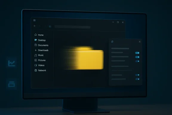 A desktop screen shows a file manager with a yellow folder and a download settings panel.