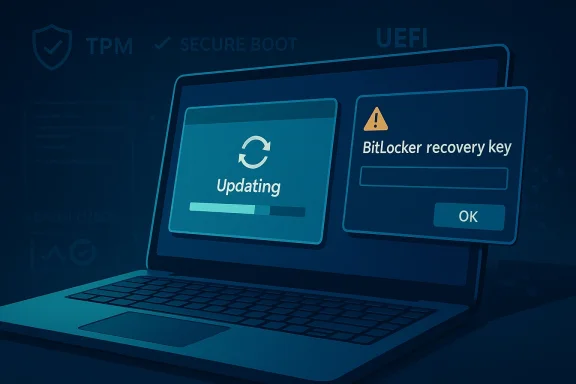 Laptop firmware screen shows “BitLocker recovery key” warning while updating under UEFI and TPM secure boot.