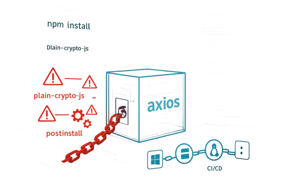 Neon “plain-crypto-js” and “postinstall” warning icons with a linked chain and an Axios cube.