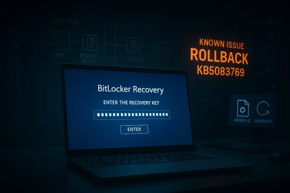 Laptop screen shows BitLocker Recovery key prompt with “Known issue: Rollback KB5083769” error message.