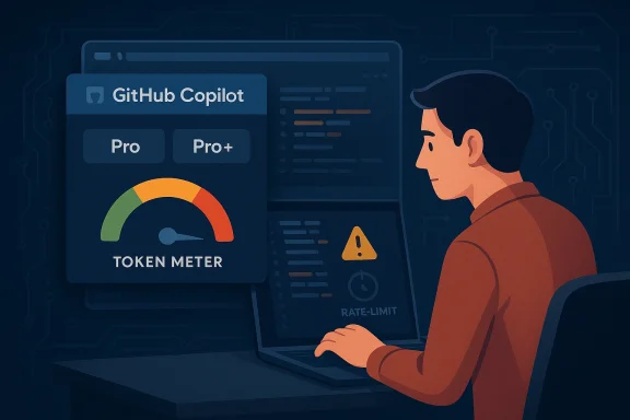 Illustration of a developer using GitHub Copilot with a token meter and rate-limit warning.