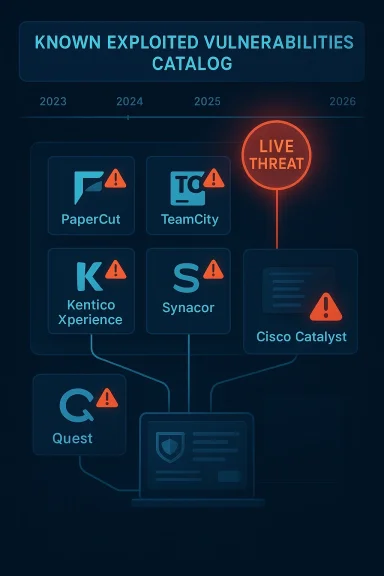 Infographic showing known exploited vulnerabilities and “Live Threat” links to major software systems.