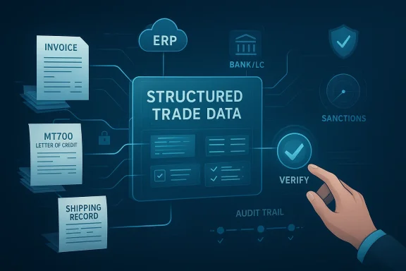 Illustration shows structured trade data flow with ERP, invoices, bank/LC docs, verification checkmark, and audit trail.