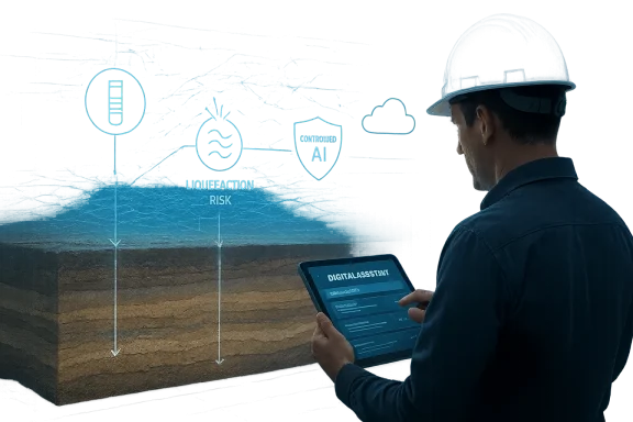 Construction worker in a helmet holding a tablet, with AI and risk flow icons projected above a wall.