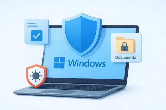 Illustration of a Windows laptop protected by a blue shield with antivirus and a documents folder lock.