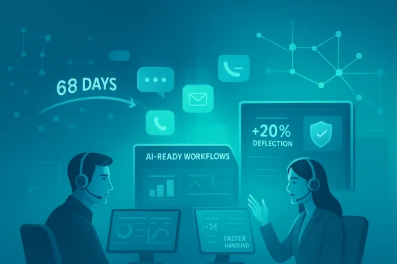 Futuristic customer support scene with AI-ready workflows and a “+20% deflection” analytics display.