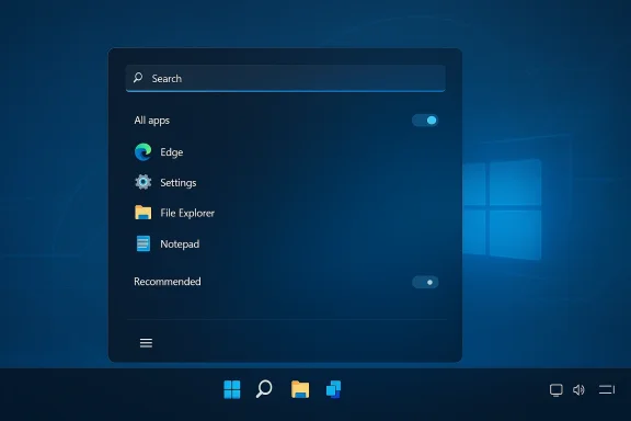 Windows app list search screen showing Edge, Settings, File Explorer, and Notepad on a blue desktop.