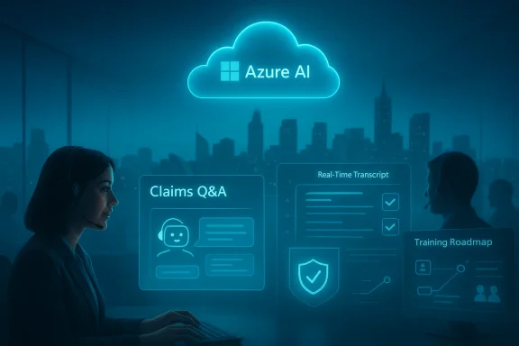 AI cloud dashboard for Azure, showing claims Q&A, real-time transcript, and training roadmap.