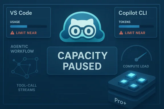 Blue dashboard graphic showing a “CAPACITY PAUSED” status for VS Code and Copilot CLI with near limits warning.