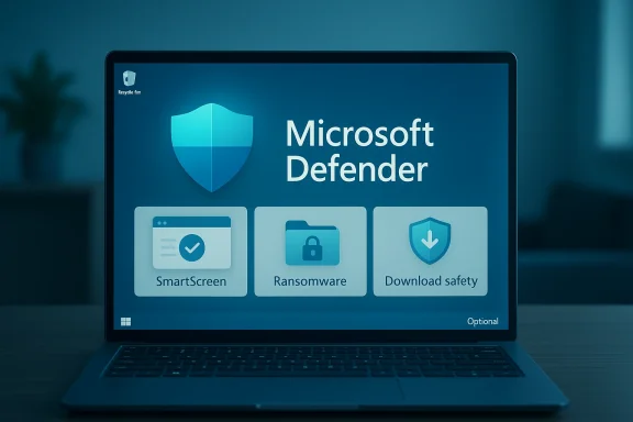 A laptop screen displays Microsoft Defender with security icons for SmartScreen, ransomware, and download safety.