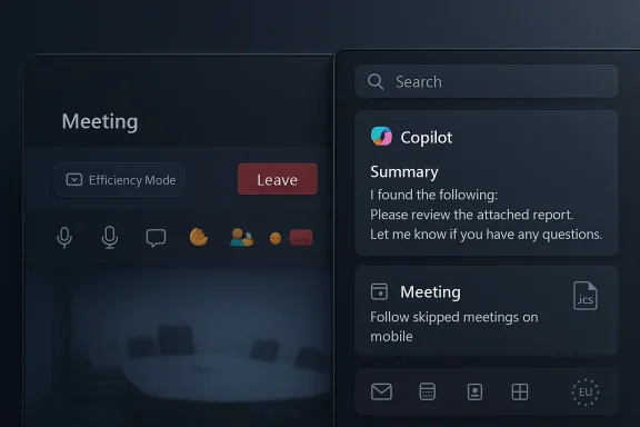 Two-panel UI showing a meeting screen with Copilot summary and a “Leave” button.