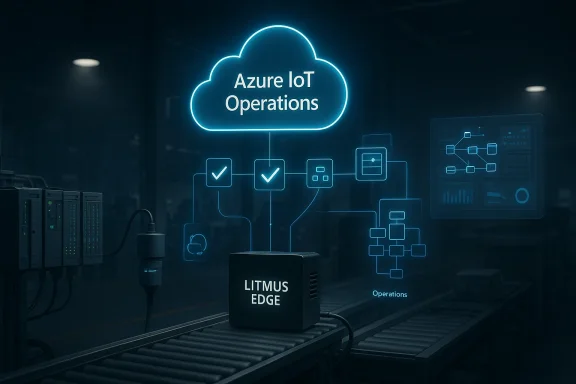 Neon cloud icon labeled “Azure IoT Operations” connecting server and network devices in a data center.