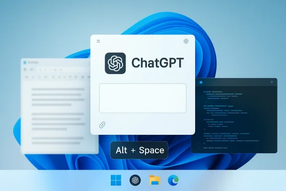 ChatGPT app interface over a blue Windows-style desktop with AI and code screens in the background.