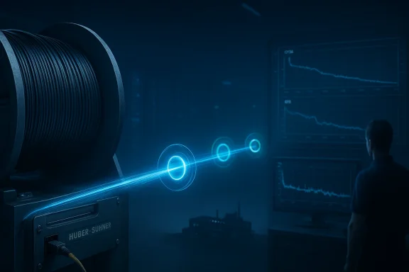 Laboratory scene with a large cable reel emitting blue data-like light toward a monitor showing signal graphs.