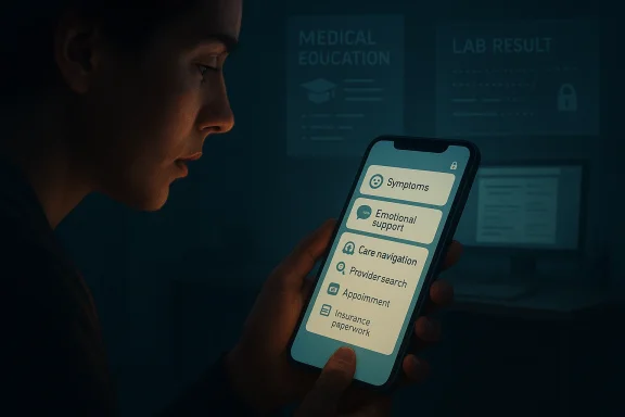 A person checks a phone app showing “Symptoms” and “Emotional support” in a medical-themed setting.