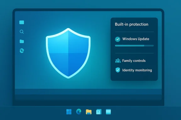 Blue laptop dashboard graphic showing a shield icon and built-in protection features.