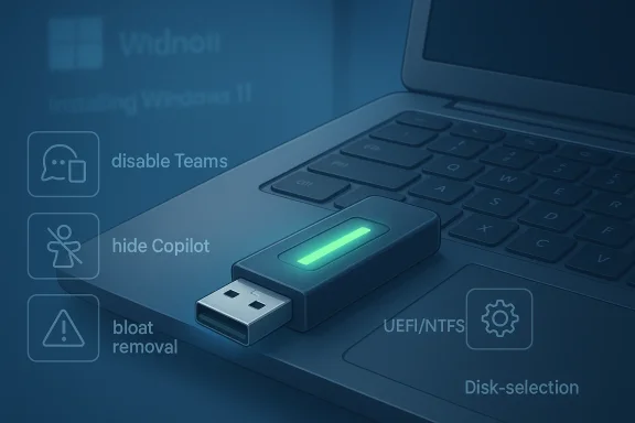 Close-up of a laptop with a glowing USB drive and UI options like “disable Teams” and “hide Copilot.”