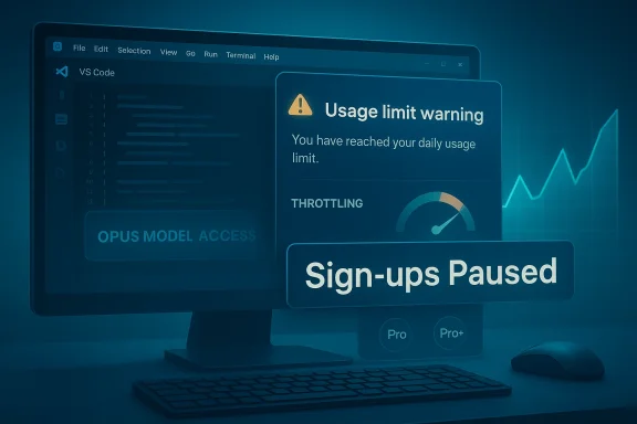Computer screen shows a “Usage limit warning” and “Sign-ups paused” throttling message.