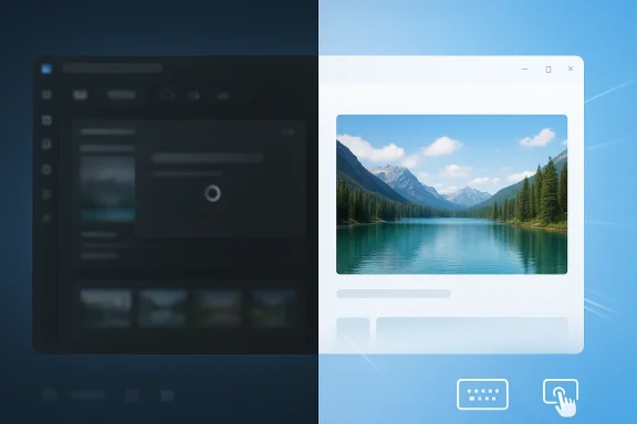 Split-screen desktop mockup showing a mountain lake photo in a window.