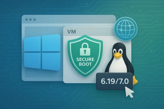 Abstract VM security illustration with “Secure Boot,” penguin icon, and version 6.19/7.0.