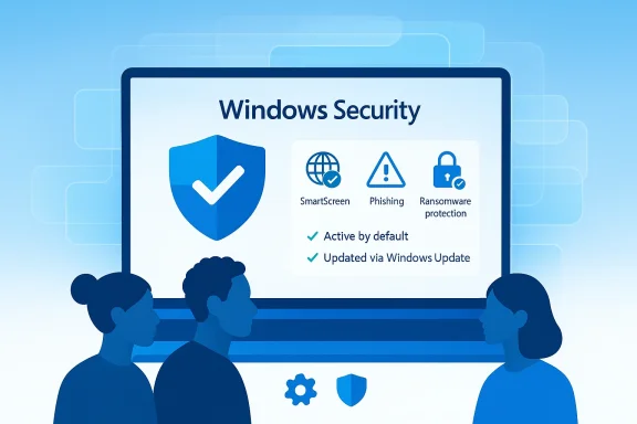 Illustration of people using a computer showing the Windows Security protection features on screen.