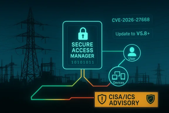 Neon “Secure Access Manager” cybersecurity alert over an industrial power grid backdrop.