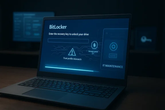 A laptop screen shows a blue BitLocker recovery key prompt in a secure IT maintenance theme.