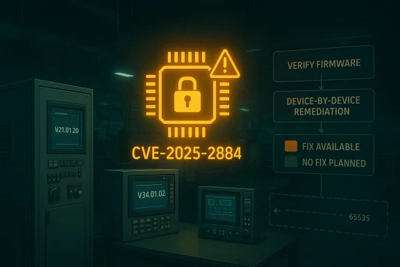 Cybersecurity alert in a server room showing CVE-2025-2884 and “Verify firmware” with device remediation status.