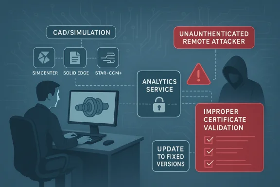 Cybersecurity diagram showing unauthenticated remote attacker, analytics service, and improper certificate validation.