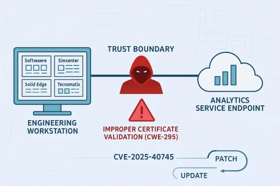 Illustration of an improper certificate validation warning (CWE-295) between engineering workstation and analytics endpoint.