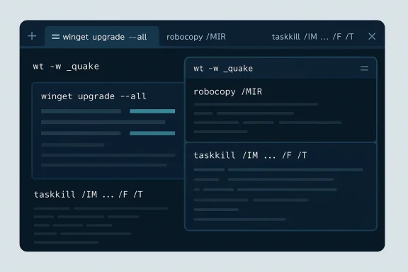 Screenshot of a dark terminal UI showing commands like winget upgrade, robocopy, and taskkill.
