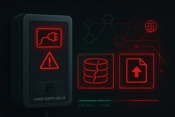Neon network security console display with firewall and VLAN alerts, including an error warning screen.