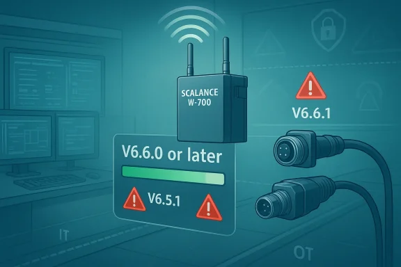 Digital warning image showing device/scanner “SCALANCE W-700” with firmware versions V6.6.1 and V6.5.1.