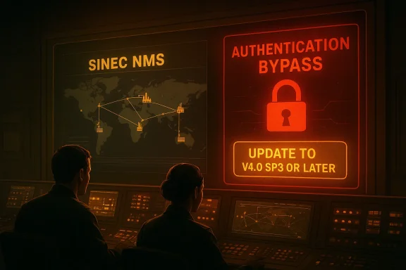 Operators view screens showing “Authentication Bypass” and “Update to v4.0 SP3 or later” in a control room.