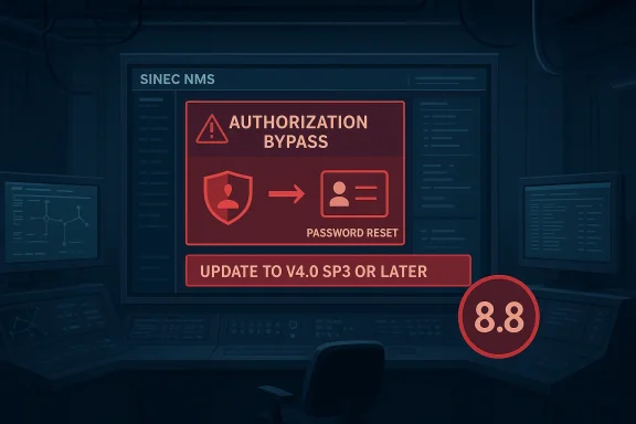 Glowing server screens show “Authorization Bypass” and “Password Reset,” with warning “Update to v4.0 SP3 or later.”