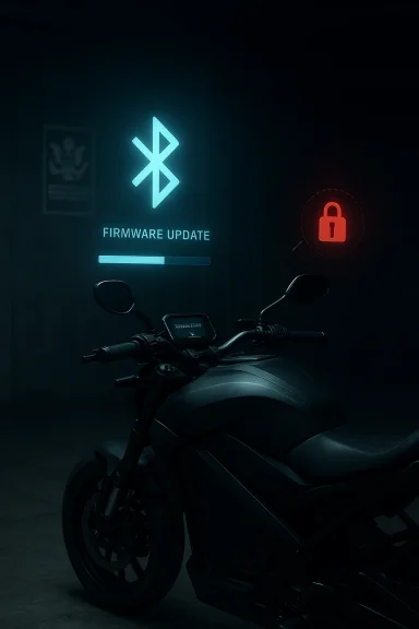 Cyberpunk motorcycle with “Firmware Update” and Bluetooth/lock icons glowing on a dark display.