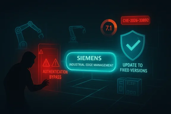 Neon cybersecurity-themed graphic for Siemens Industrial Edge Management with warnings and update-to-fixed-versions.