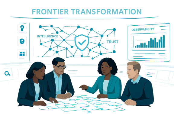 Team of professionals in a blue “Frontier Transformation” meeting with network shield and analytics icons.