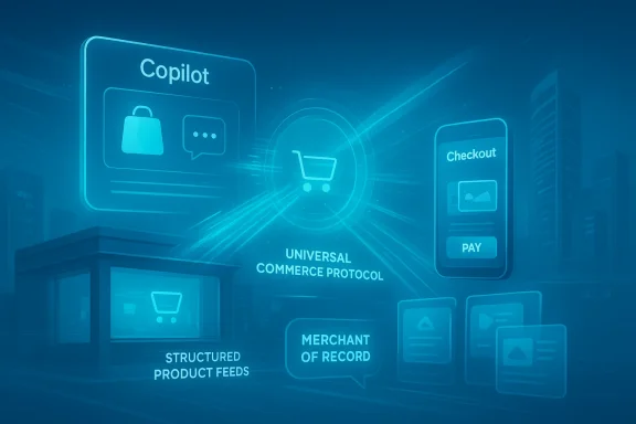 Abstract blue tech graphic showing Copilot, checkout/payment, and universal commerce protocol concept.