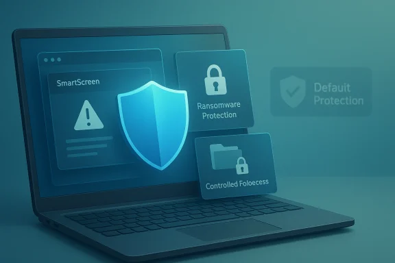 Laptop security graphic showing SmartScreen and ransomware/controlled folder access protections.