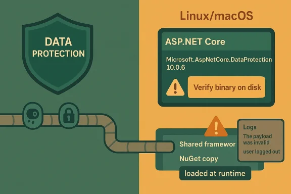 Illustration shows ASP.NET Core data protection warnings for Linux/macOS, including disk verification and invalid payload logs.