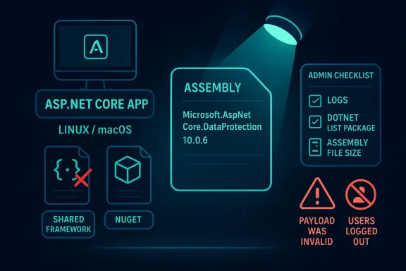 Tech diagram showing ASP.NET Core assembly with admin checklist items and warnings like invalid payload/users logged out.