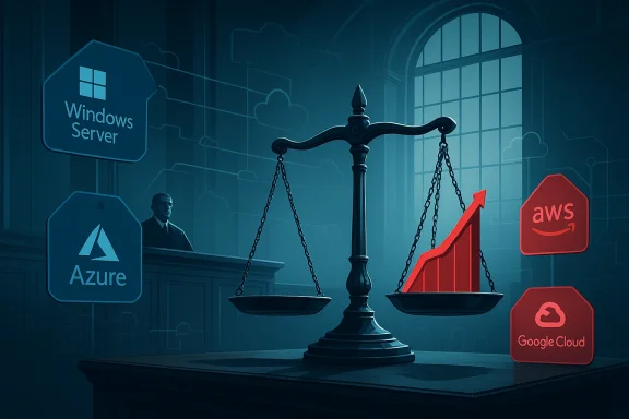 Futuristic courtroom scene with a balancing scale surrounded by Windows Server, Azure, AWS, and Google Cloud icons.