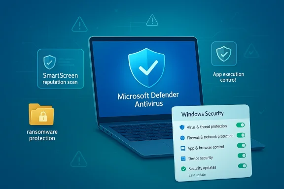 Microsoft Defender Antivirus security interface on a laptop with Windows Security and protection icons.
