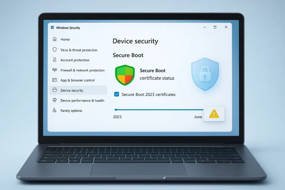 A laptop screen shows Windows Security “Device security” with Secure Boot certificate status and a warning icon.